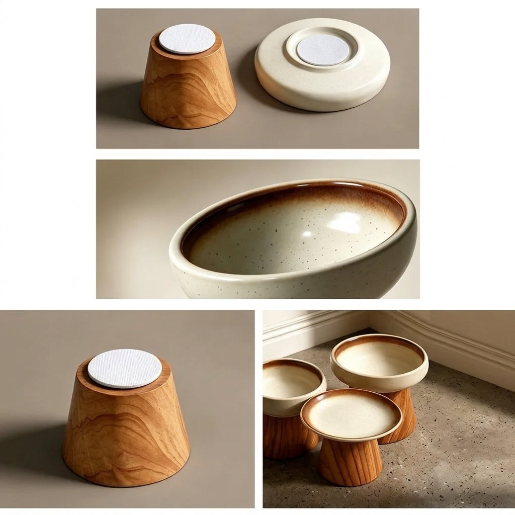 Écuelle Surélevée en Céramique & Socle Bois Oukita - Gamelle Ergonomique Anti-Fatigue