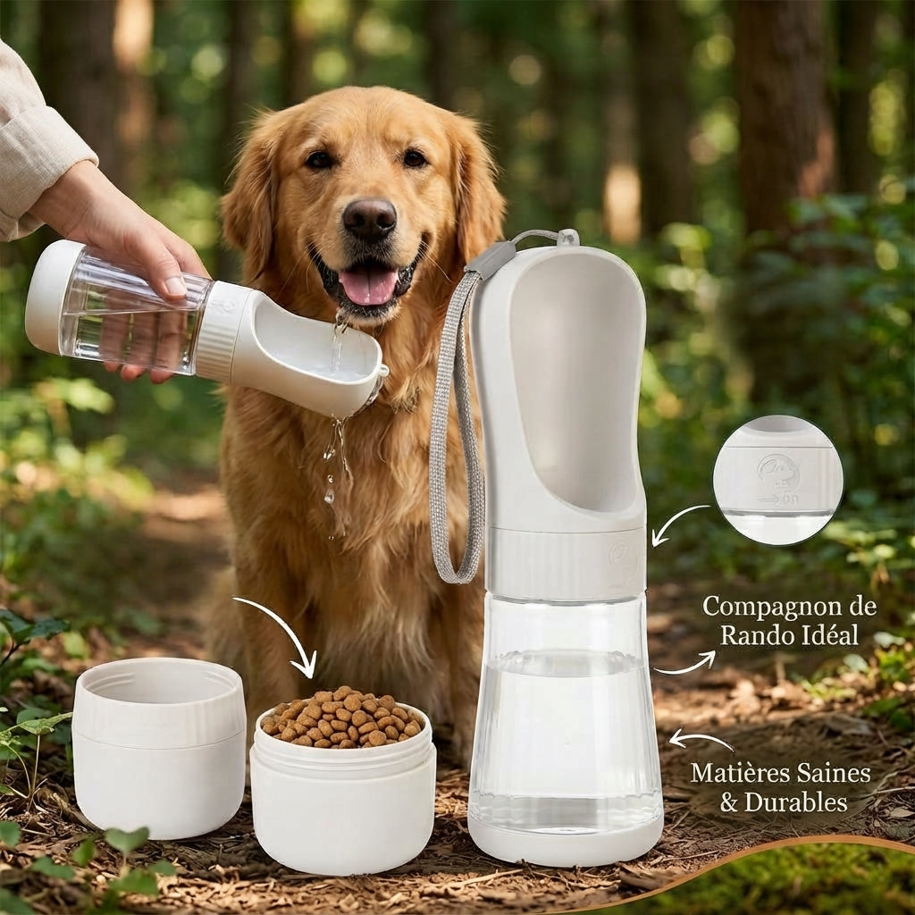 Bouteille d'Eau Portable d'Aventure pour Chien - 2-en-1 avec Réservoir à Croquettes
