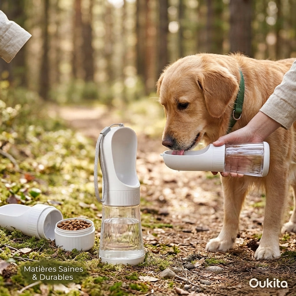 Bouteille d'Eau Portable d'Aventure pour Chien - 2-en-1 avec Réservoir à Croquettes