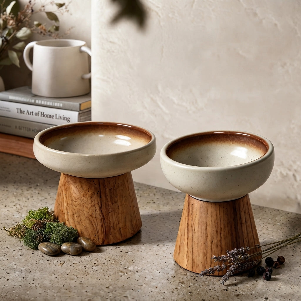 Écuelle Surélevée en Céramique & Socle Bois Oukita - Gamelle Ergonomique Anti-Fatigue